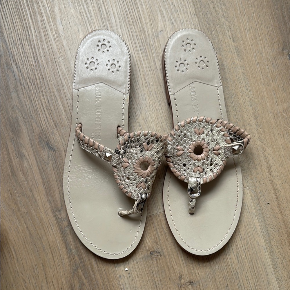 JACK ROGERS Women's Tan Snake Embossed Leather Thong Sandal